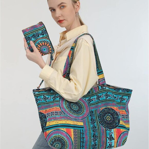 Women Canvas Tote Bag Large Capacity Bohemian Shoulder Handbag - Picture 4 of 9